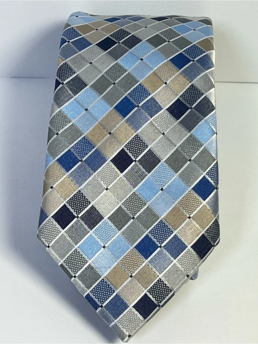 Geoffrey Beene Plaid Check Woven Men’s Tie Blue Gray Tan Polyester Geometric